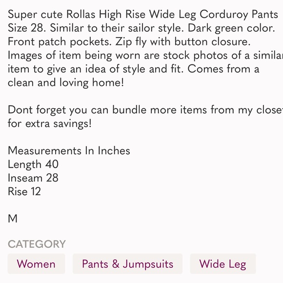 Rollas High Rise Wide Leg Corduroy Pants Size 28 - Picture 14 of 14